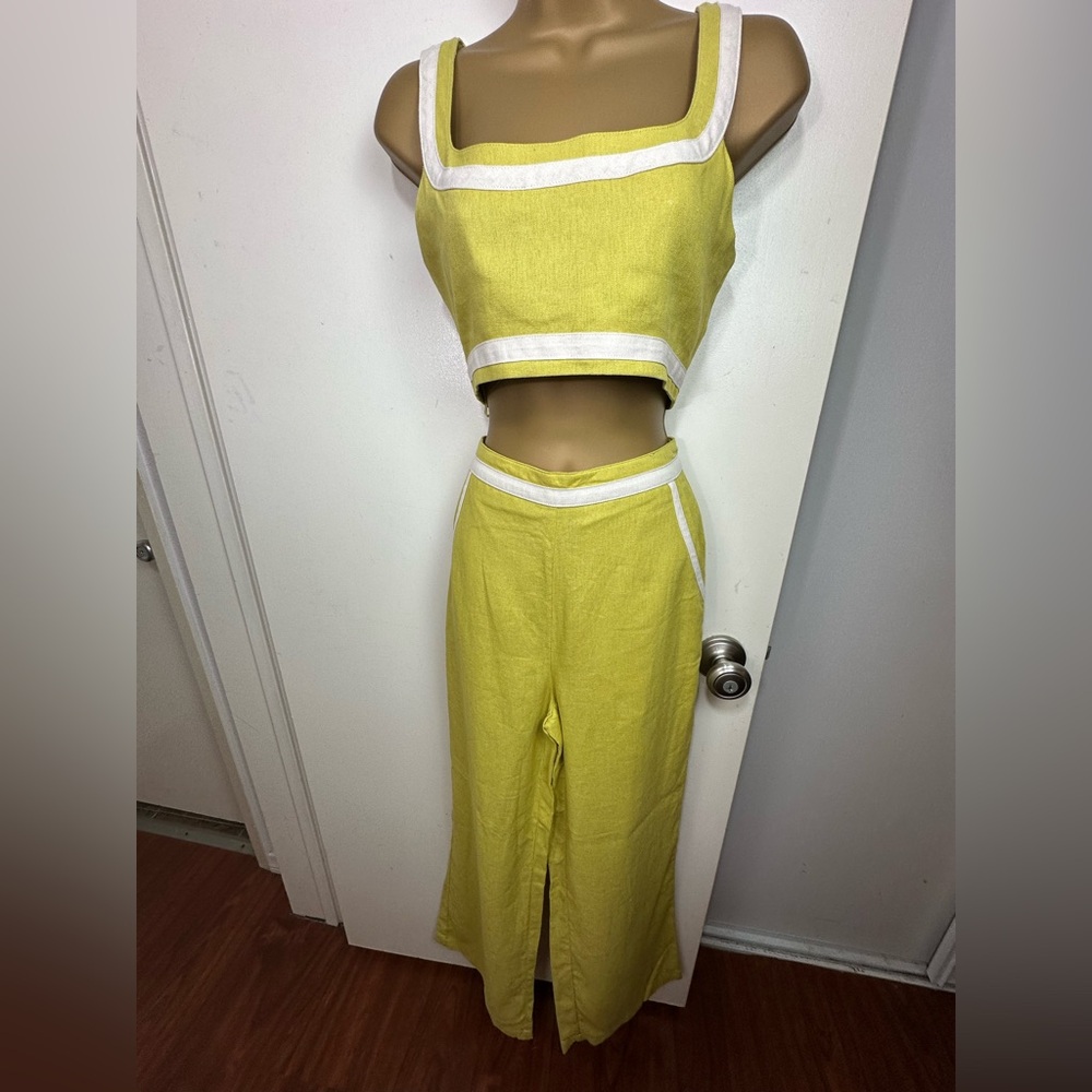 7 For All Mankind Lime White Trim Linen Rayon CropTop & Wide Leg Pant Set NWT XS